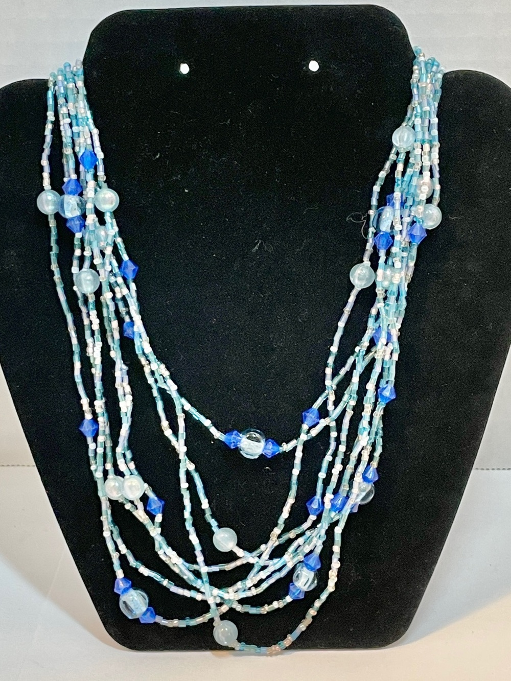 Vintage Native Am Style Multi Strand Blue Glass Seed Bead Layered Necklace 26”